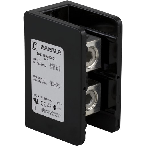 Square-D / Schneider - Square D 9080LBC163101 255 Amp 600 Volt 6 AWG to 250 kcmil Primary Phenolic 1-Pole Standard Power Distribution Block