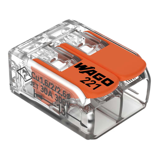 Wago - Wago 221-612 2-Conductor #10 AWG Push-In LEVER-NUTS® Wire Splicing Connector, #20-#10 Solid/Stranded, Clear w/Orange Lever (Box of 50)