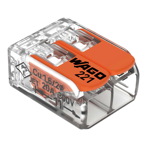 Wago - Wago 221-412 2-Conductor #12 AWG Push-In LEVER-NUTS® Wire Splicing Connector, #24-#12 Solid/Stranded, Clear w/Orange Lever (Box of 100)
