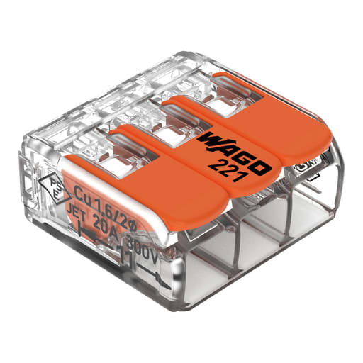 Wago - Wago 221-413 3-Conductor #12 AWG Push-In LEVER-NUTS® Wire Splicing Connector, #24-#12 Solid/Stranded, Clear w/Orange Lever (Box of 50)