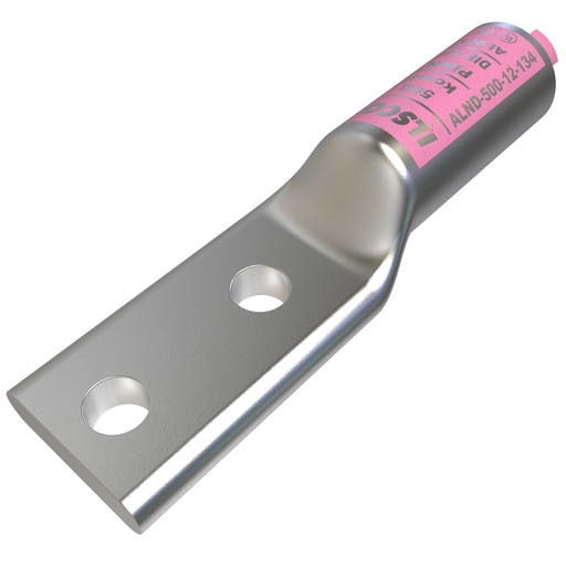 Ilsco - Ilsco ALND-500-12-134 SureCrimp® Aluminum Compression Lug, Conductor Size 500, 2 Holes, 1/2in Bolt Size, 1-3/4in Hole Spacing, Long Barrel, No Sight Window, Tin Plated, UL, CSA