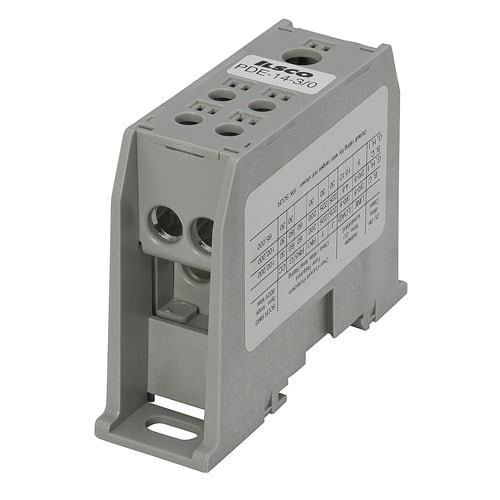Ilsco - Ilsco PDE-14-3/0 Power Distribution Block, High SCCR, Dual Rated, Line Conductor Range 3/0-14, Load Range 2-14, 1 Port Per Pole Line Side, 4 Ports Per Pole Load Side, 1 Pole, UL, CSA, Din Rail Mountable