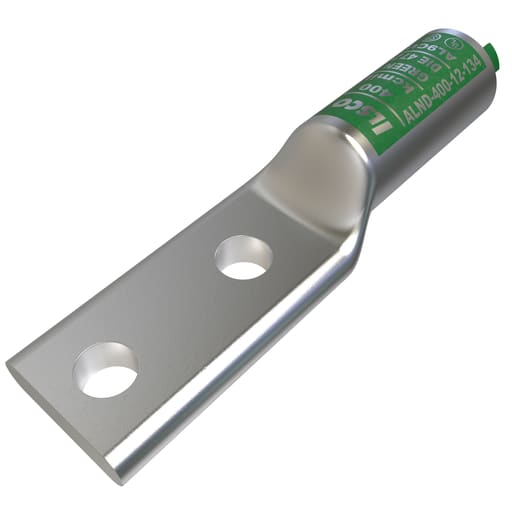 Ilsco - Ilsco ALND-400-12-134 SureCrimp® Aluminum Compression Lug, Conductor Size 400, 2 Holes, 1/2in Bolt Size, 1-3/4in Hole Spacing, Long Barrel, No Sight Window, Tin Plated, UL, CSA