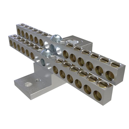 Ilsco - Ilsco NB-350-24 Aluminum Neutral Bar, Dual Rated, Main Conductor Range 350-6, Tap Range 4-14, 24 Tap Ports, 2 Holes, #10-32 Bolt, Tin Plated, UL, CSA