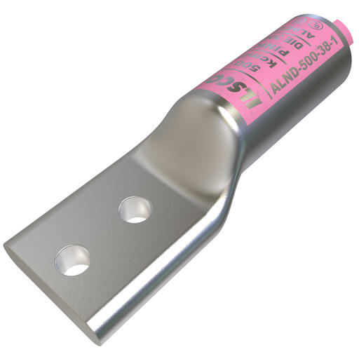 Ilsco - Ilsco ALND-500-38-1 SureCrimp® Aluminum Compression Lug, Conductor Size 500, 2 Holes, 3/8in Bolt Size, 1in Hole Spacing, Long Barrel, No Sight Window, Tin Plated, UL, CSA