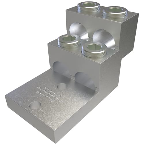 Ilsco - Ilsco PB4-750 Aluminum Panelboard Lug, Dual Rated, Conductor Range 750-1/0, 4 Ports, 2 Holes, 3/8in Bolt Size, 1-3/8in Hole Spacing, Tin Plated, UL, CSA