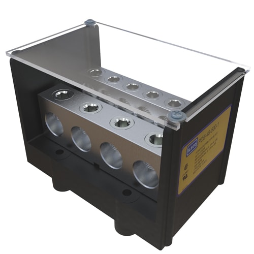 Ilsco - Ilsco PDB-49-500-1 Power Distribution Block, Dual Rated, Line Conductor Range 500-4, Load Range 350-6, 4/0-6, 4 Ports Per Pole Line Side, 9 Ports Per Pole Load Side, 1 Pole, UL, CSA, Includes Cover