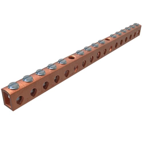 Ilsco - Ilsco D167-14 Copper Neutral Bar, Conductor Range 4-14 Main, 6-14 Tap, 15 Ports