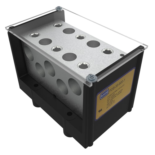 Ilsco - Ilsco PDB-55-600-1 Power Distribution Block, Dual Rated, Line Conductor Range 600-250, Load Range 600-250, 5 Ports Per Pole Line Side, 5 Ports Per Pole Load Side, 1 Pole, UL, CSA, Includes Cover