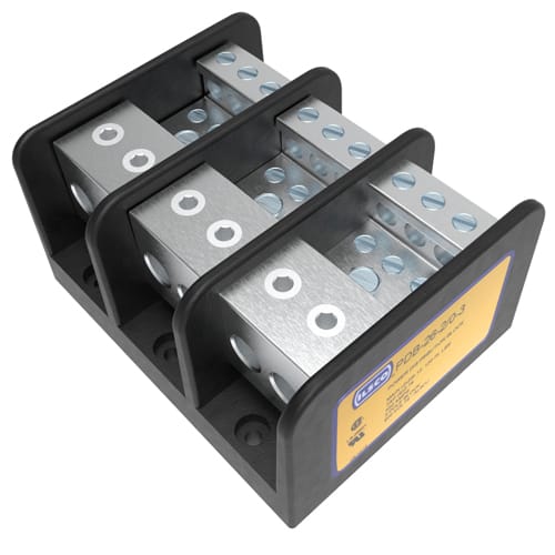 Ilsco - Ilsco PDB-26-2/0-3 Power Distribution Block, Dual Rated, Line Conductor Range 2/0-12, Load Range 2-14, 2 Ports Per Pole Line Side, 6 Ports Per Pole Load Side, 3 Pole, UL, CSA