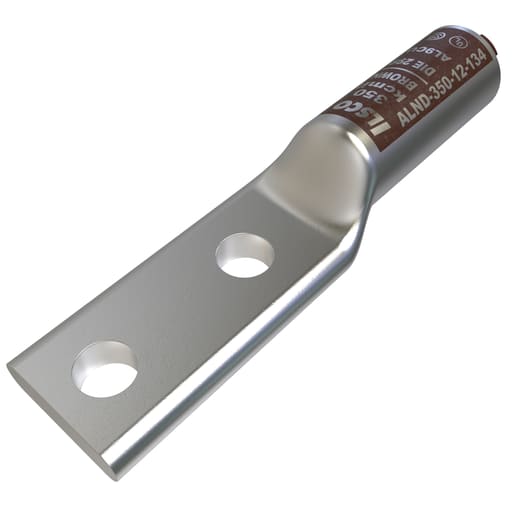 Ilsco - Ilsco ALND-350-12-134 SureCrimp® Aluminum Compression Lug, Conductor Size 350, 2 Holes, 1/2in Bolt Size, 1-3/4in Hole Spacing, Long Barrel, No Sight Window, Tin Plated, UL, CSA