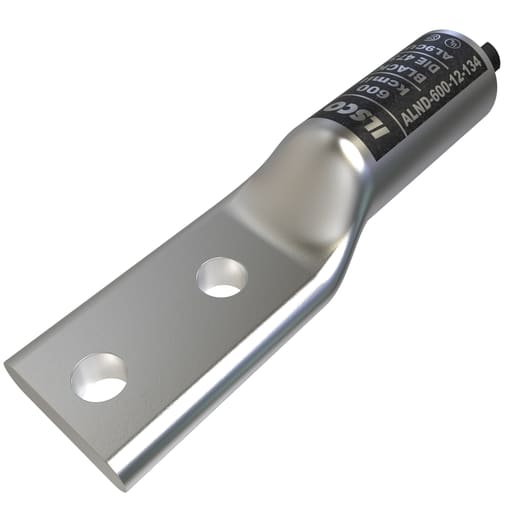 Ilsco - Ilsco ALND-600-12-134 SureCrimp® Aluminum Compression Lug, Conductor Size 600, 2 Holes, 1/2in Bolt Size, 1-3/4in Hole Spacing, Long Barrel, No Sight Window, Tin Plated, UL, CSA