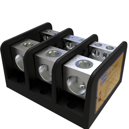 Ilsco - Ilsco PDB-14-500-3 Power Distribution Block, Dual Rated, Line Conductor Range 500-4, Load Range 2/0-14, 1 Port Per Pole Line Side, 4 Ports Per Pole Load Side, 3 Pole, UL, CSA
