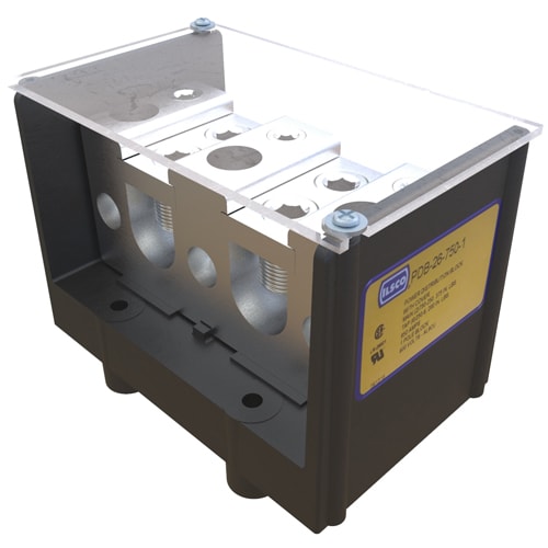 Ilsco - Ilsco PDB-26-750-1 Power Distribution Block, Lay-In, Dual Rated, Line Conductor Range 750-250, Load Range 250-6, 2 Ports Per Pole Line Side, 6 Ports Per Pole Load Side, 1 Pole, UL, CSA, Includes Cover
