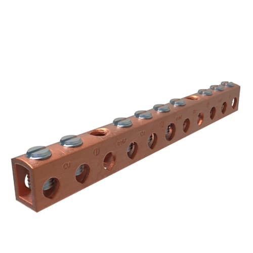 Ilsco - Ilsco D167-8 Copper Neutral Bar, Conductor Range 4-14 Main, 6-14 Tap, 9 Ports