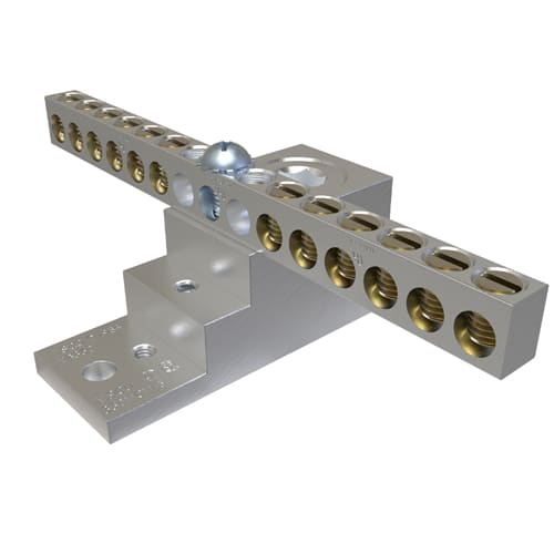 Ilsco - Ilsco NB-350-12 Aluminum Neutral Bar, Dual Rated, Main Conductor Range 350-6, Tap Range 4-14, 12 Tap Ports, 2 Holes, #10-32 Bolt, Tin Plated, UL, CSA