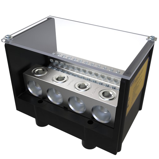 Ilsco - Ilsco PDB-428-500-1 Power Distribution Block, Dual Rated, Line Conductor Range 500-4, Load Range 4-14, 4 Ports Per Pole Line Side, 28 Ports Per Pole Load Side, 1 Pole, UL, CSA, Includes Cover