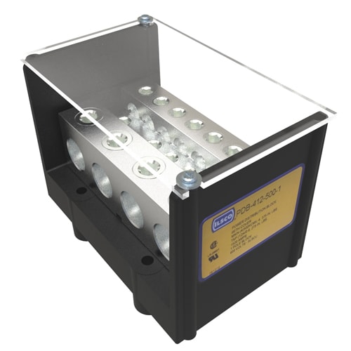 Ilsco - Ilsco PDB-412-500-1 Power Distribution Block, Dual Rated, Line Conductor Range 500-4, Load Range 4/0-6, 4 Ports Per Pole Line Side, 12 Ports Per Pole Load Side, 1 Pole, UL, CSA, Includes Cover
