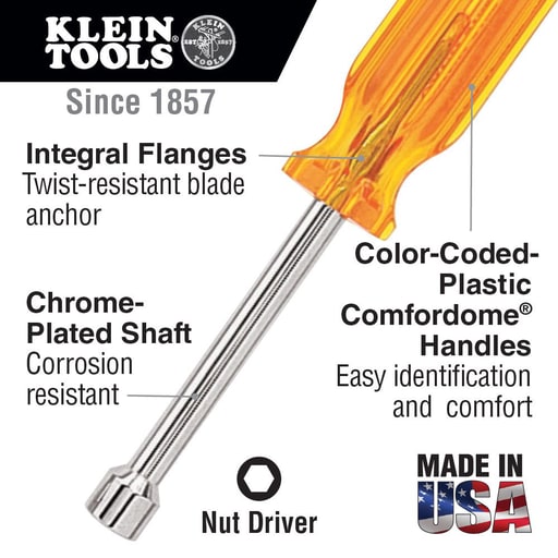 Klein Tool - Klein Tools SS10 5/16 x 3-3/4 Inch Amber Plastic Handle Stubby Shaft Nutdriver