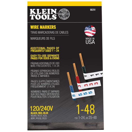 Klein Tool - Klein 56251 Wire Marker Book, 120/240V 3 Phase Color Markers (Black, Blue & Red), Numerals 1-48