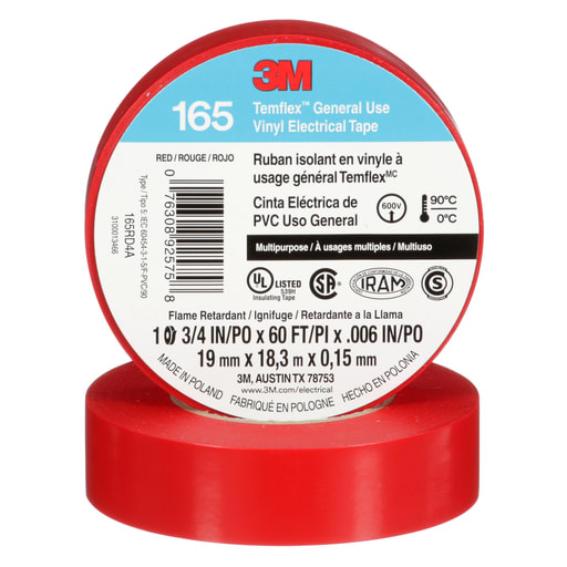 3M - 3M 165RD4A Temflex™ Vinyl Electrical Tape, General Use, 6mil, 3/4" x 60ft - RED (7100169492)