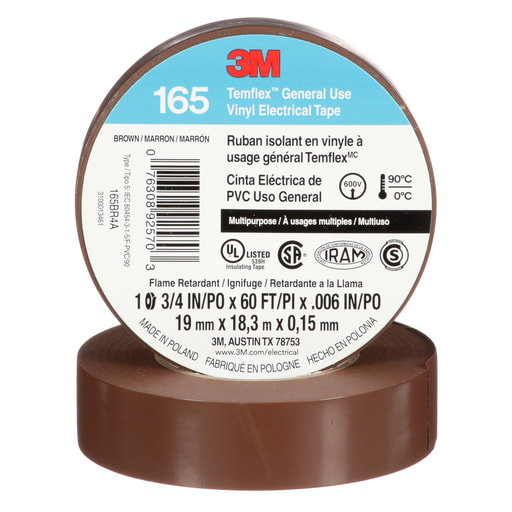 3M - 3M 165BR4A Temflex™ Vinyl Electrical Tape, General Use, 6mil, 3/4" x 60ft - BROWN (7100169191)