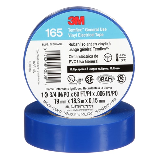 3M - 3M 165BL4A Temflex™ Vinyl Electrical Tape, General Use, 6mil, 3/4" x 60ft - BLUE (7100169429)