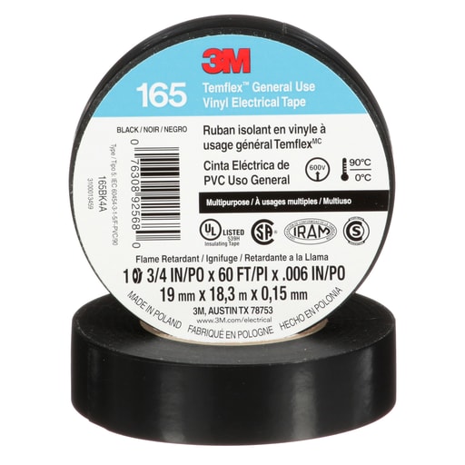 3M - 3M 165BK4A Temflex™ Vinyl Electrical Tape, General Use, 6mil, 3/4" x 60ft - BLACK (7100169254)