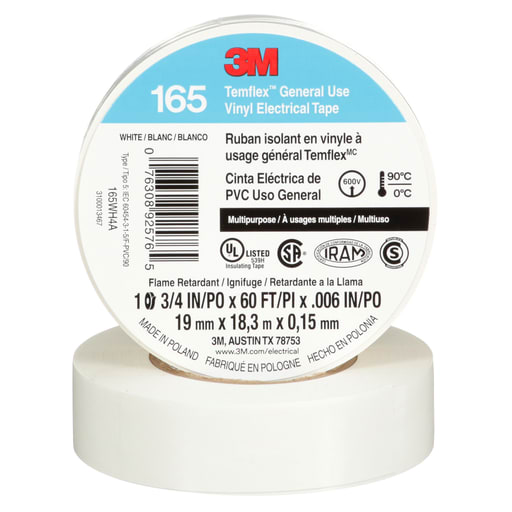 3M - 3M 165WH4A Temflex™ Vinyl Electrical Tape, General Use, 6mil, 3/4" x 60ft - WHITE (7100169491)