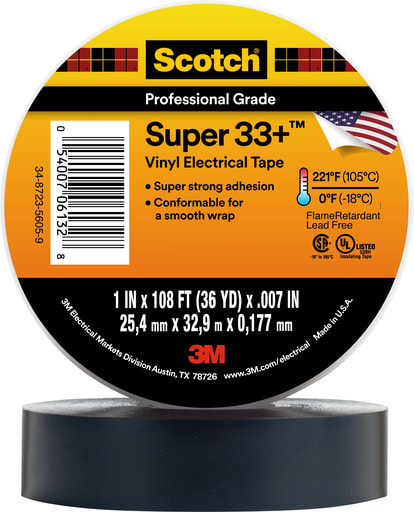3M - 3M 33+SUPER 1" x 36yd Scotch® Vinyl Electrical Tape, Black