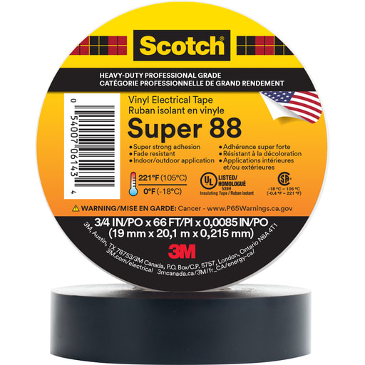 3M - 3M 88 3/4-IN-X-66FT Scotch® Vinyl Electrical Tape, 3/4" x 66ft, Black (7000006092)