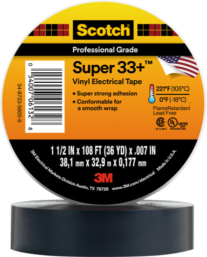 3M - 3M 33+SUPER 1-1/2" x 36yd Scotch® Vinyl Electrical Tape, Black