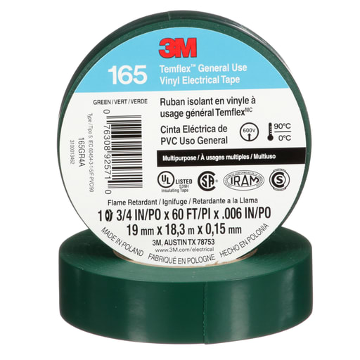 3M - 3M 165GR4A Temflex™ Vinyl Electrical Tape, General Use, 6mil, 3/4" x 60ft - GREEN (7100169430)