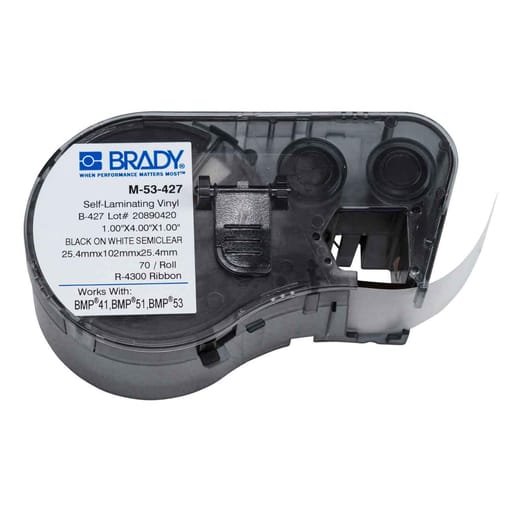 Brady Corporation - Brady M-53-427 BMP51 BMP53 BMP41 Self-Laminating Vinyl Wire and Cable Labels, 4" H x 1" W, Roll of 70 Labels, Clear/White