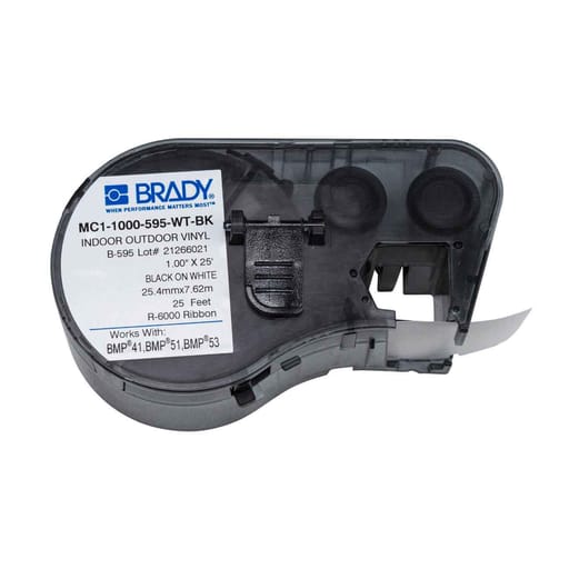 Brady Corporation - Brady MC1-1000-595-WT-BK BMP51 BMP53 BMP41 Indoor/Outdoor Vinyl Labels, 1" W x 25' L - Black on White