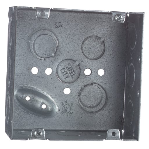Thomas & Betts Co - Steel-City 72171-1/2-3/4E 4-11/16" Steel Square Box, 2-1/8" Deep, 42 cu.in. w/ 1/2" & 3/4" Eccentric KOs and Ground Bump