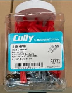 Cully / Mineralac - Cully 39911 #10 Hex Washer Head Red Conical Anchor Kit, #10 x 1" (100), #10-12 (100), Includes 1/4" Carbide Drill Bit