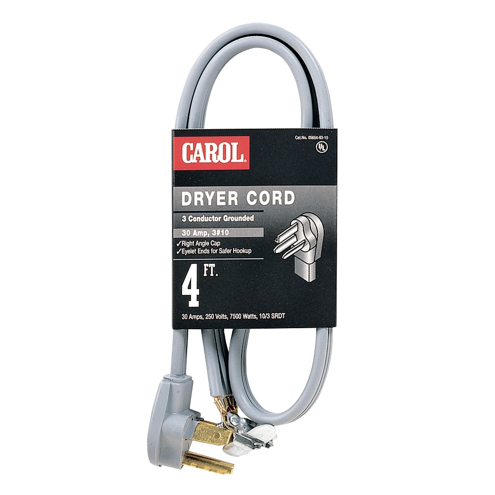 Carol Cable - Carol 05654.63.10 3-Conductor (3#10) Dryer Cord, Type-SRDT 250V 30A 7500W, NEMA 10-30P, 4ft Length