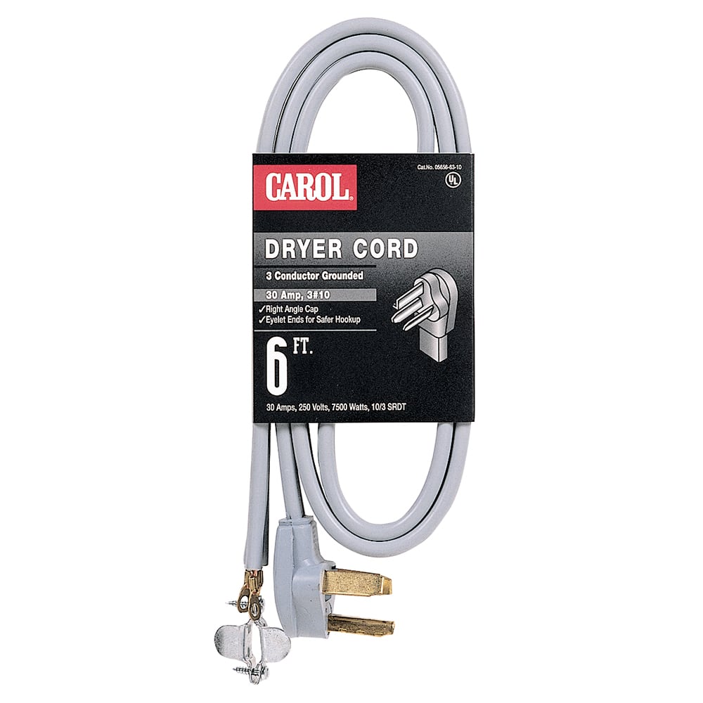 Carol Cable - Carol 05656.63.10 3-Conductor (3#10) Dryer Cord, Type-SRDT 250V 30A 7500W, NEMA 10-30P, 6ft Length