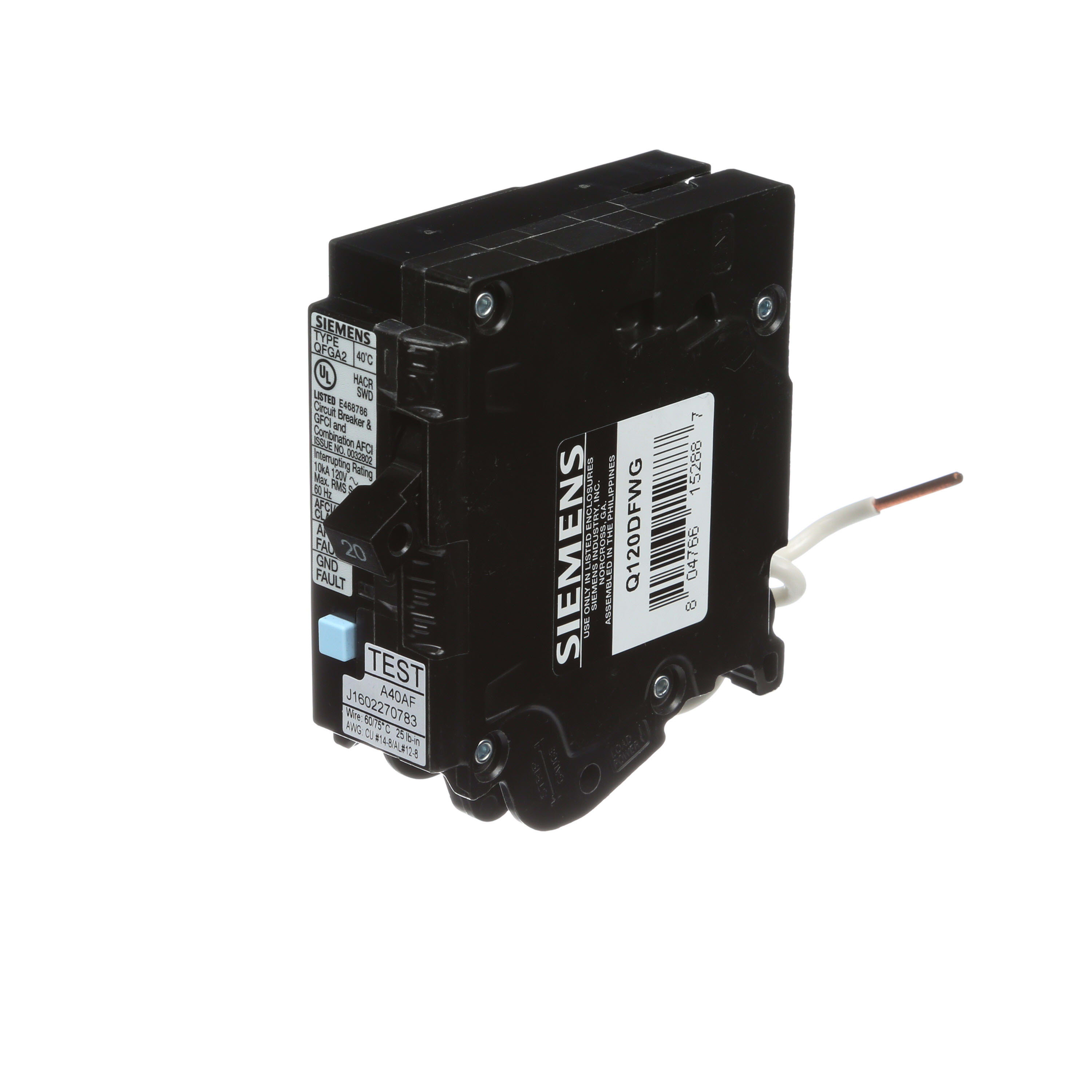 Siemens - Siemens Q120DFWG 1-Pole 20 Amp 120 VAC 10 kA Wire Guide Dual Function Arc Fault/Ground Fault Circuit Breaker