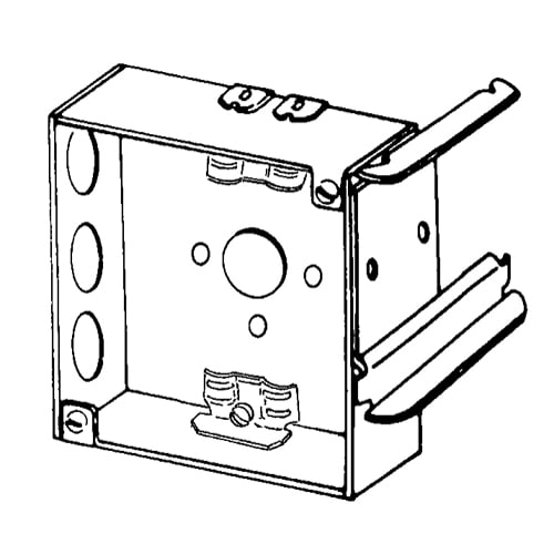 Appleton Electric - Appleton 4SR-SB3-5/8 4" Square Outlet/Switch Box w/Snap-In Bracket (3-5/8" Metal Stud), NM Cable Clamps, 1-1/2" Deep, 21cu.in, 1/2" Knockouts, Welded, Steel