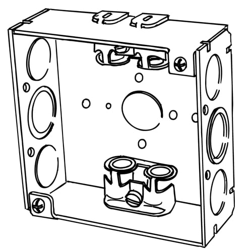 Appleton Electric - Appleton 4SX-EK 4" Square Outlet/Switch Box w/AC/MC/FMC Clamps, 1-1/2" Deep, 21cu.in, 1/2" Eccentric Knockouts, Welded, Steel