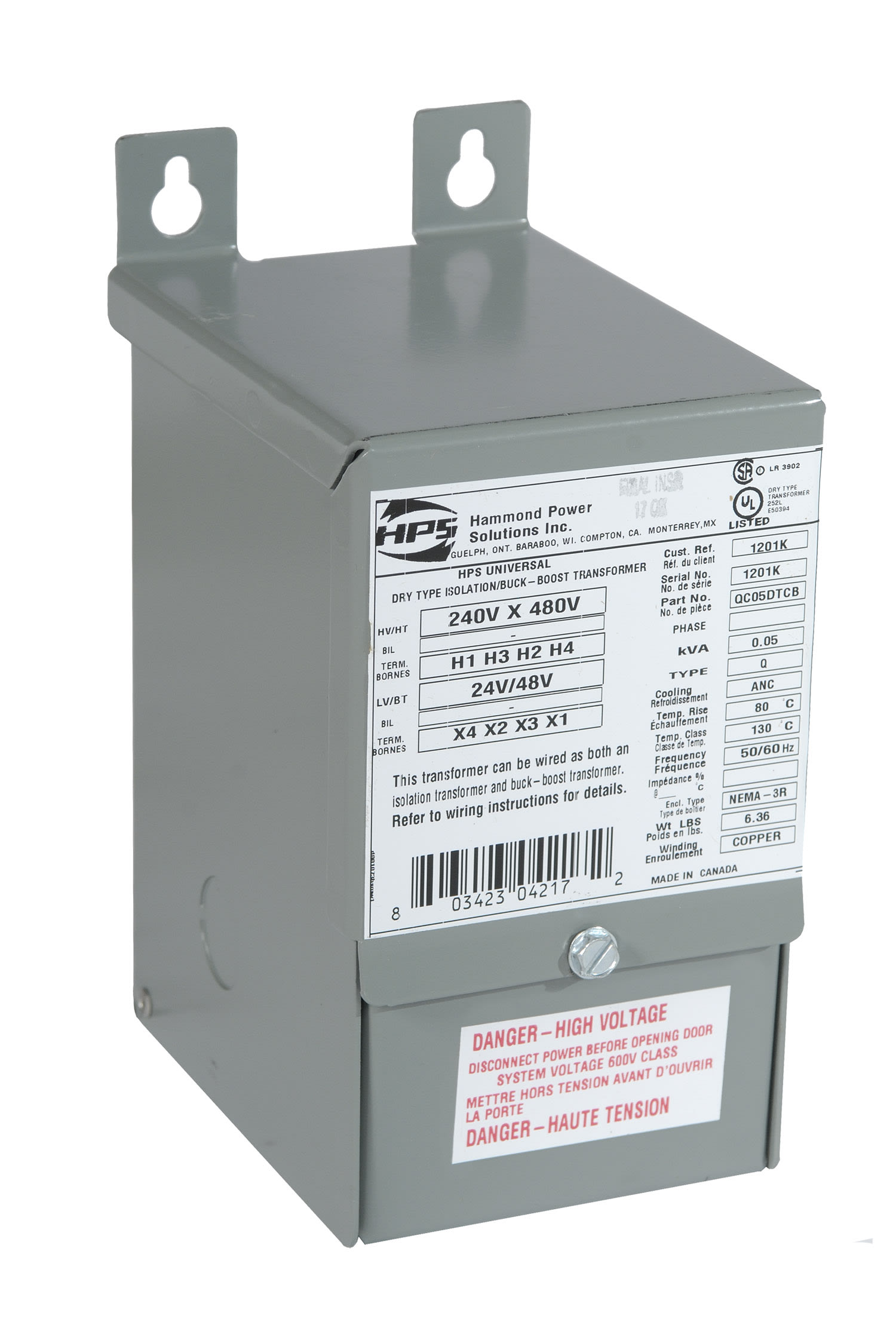 Hammond Transformers - Hammond QC50ERCB 500 VA 120/240 Volt Primary 12/24 Volt Secondary 1-Phase Lighting Transformer