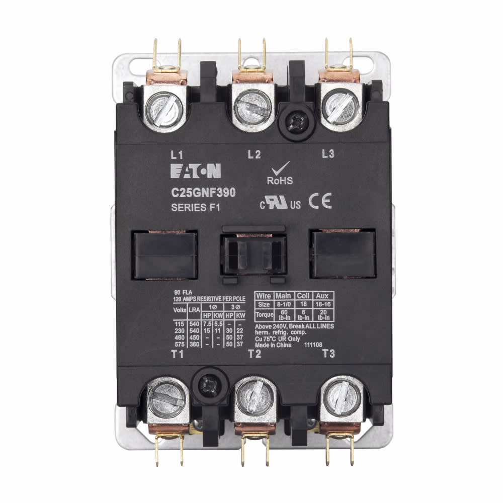 Cutler-Hammer / Eaton - Eaton Electrical C25GNF390A 120 Volt 90 Amp 3-Pole Open Type Definite Purpose Contactor