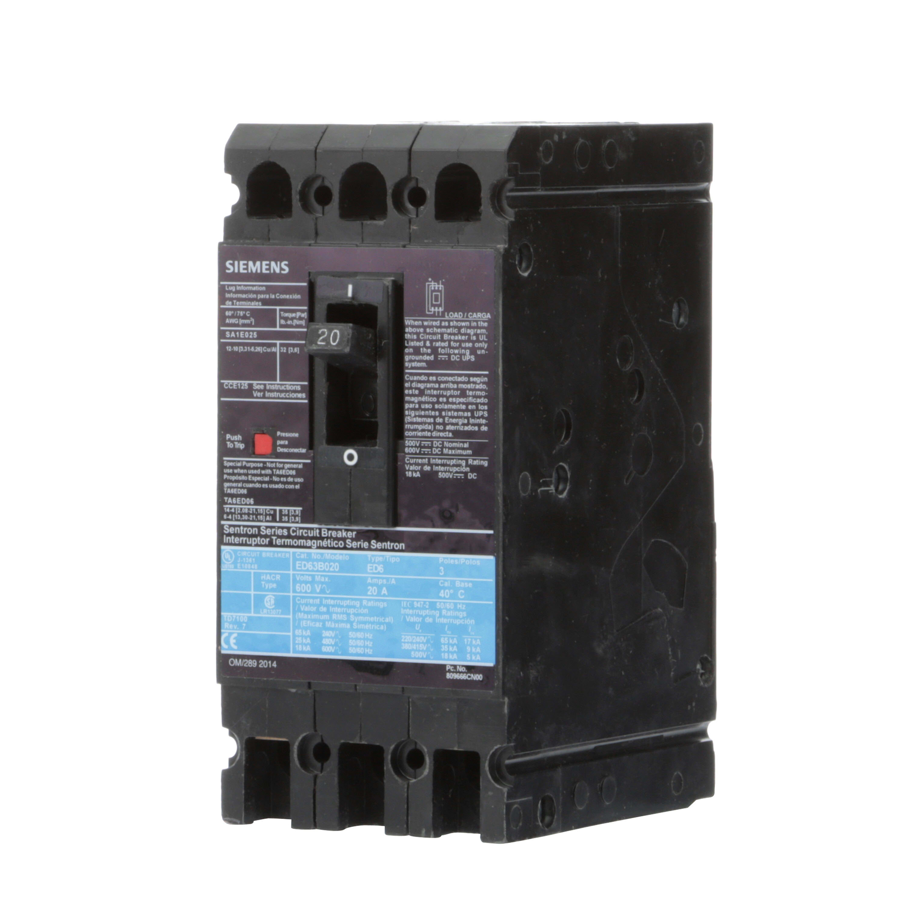 Siemens - Siemens ED63B020L 3-Pole 20 Amp 600 VAC 18 kA Molded Case Circuit Breaker