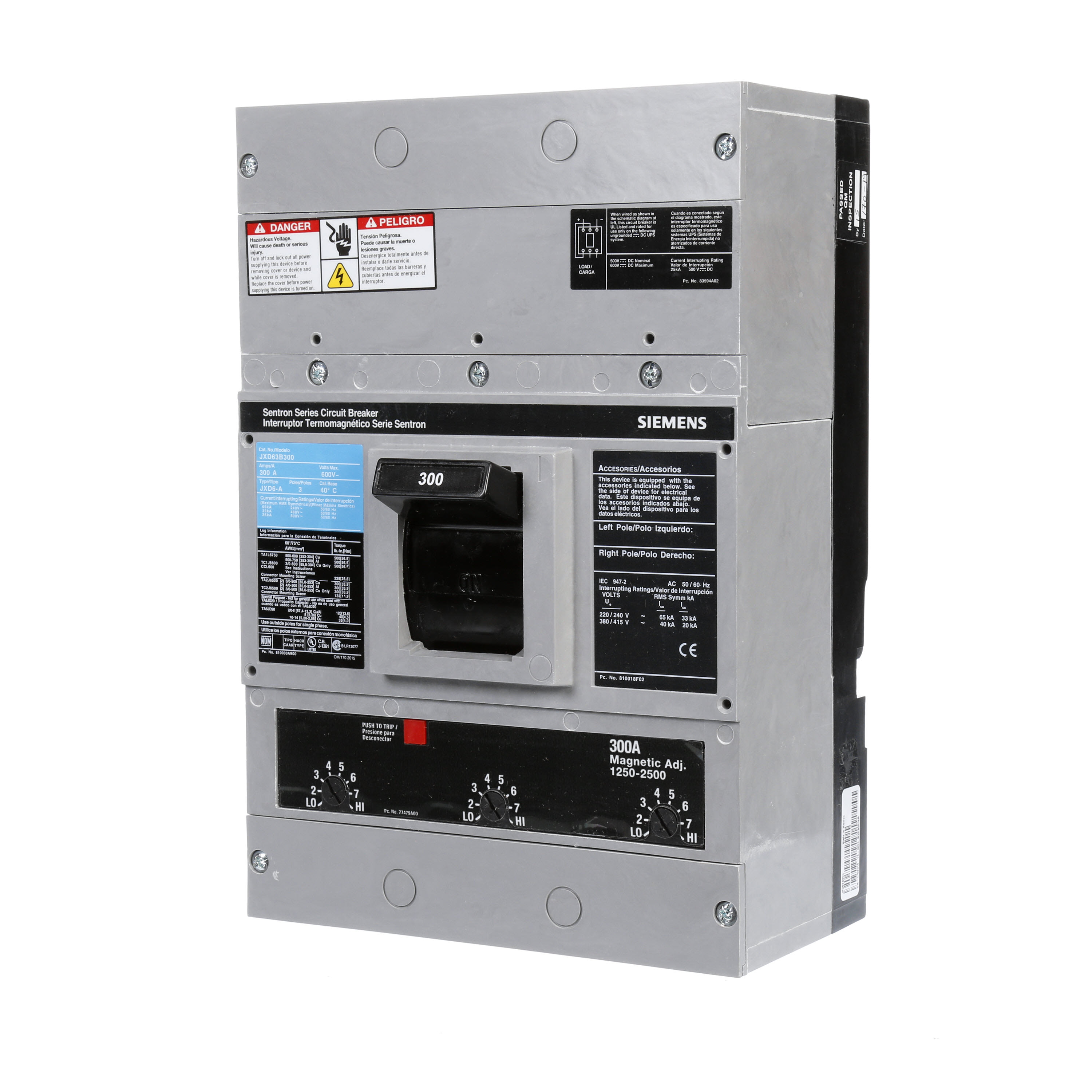Siemens - Siemens JXD63B300 3-Pole 600 VAC 300 Amp 25 kA Non-Interchangeable Trip Thermal Magnetic Molded Case Circuit Breaker