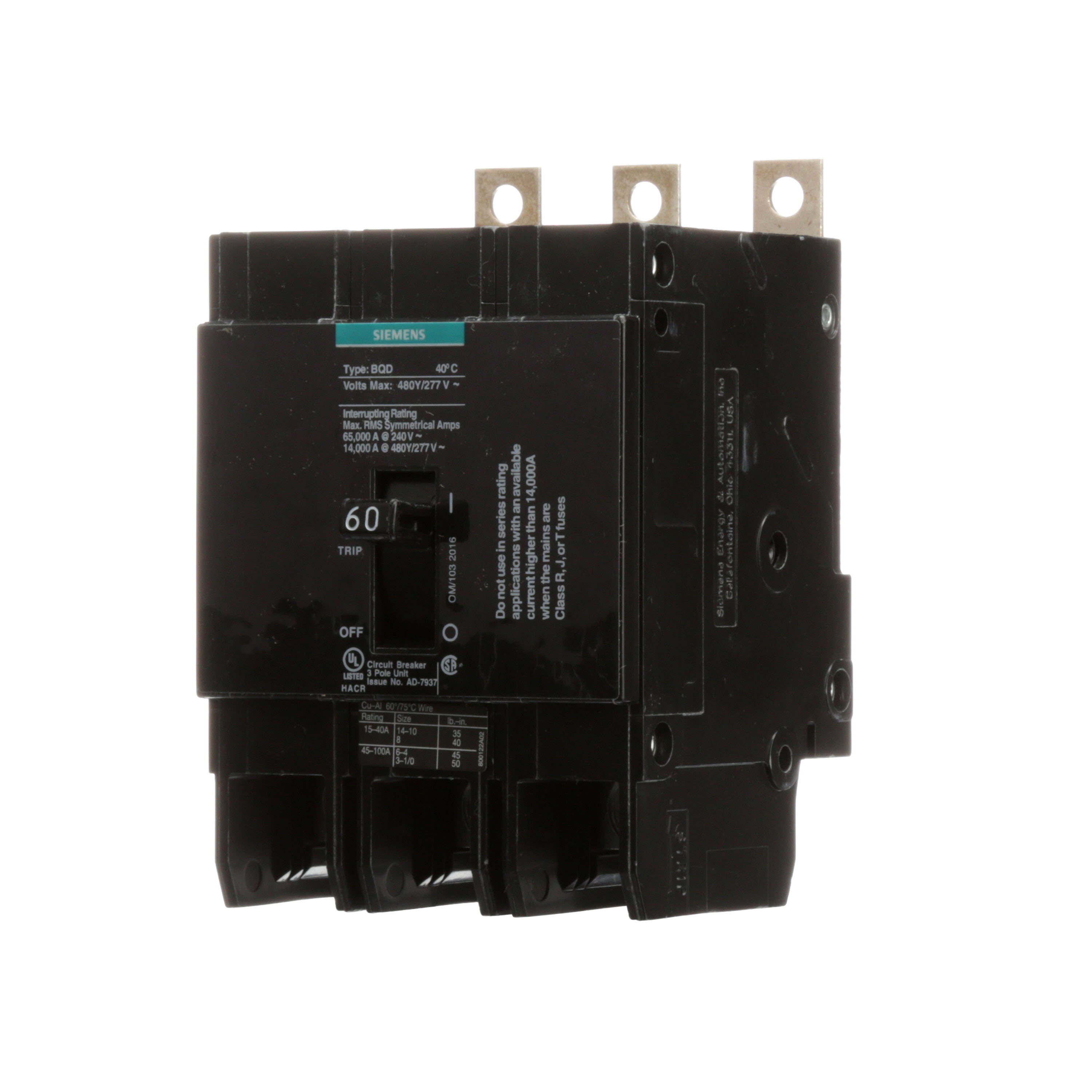 Siemens - Siemens BQD360 3-Pole 60 Amp 480 VAC 14 kA Circuit Breaker