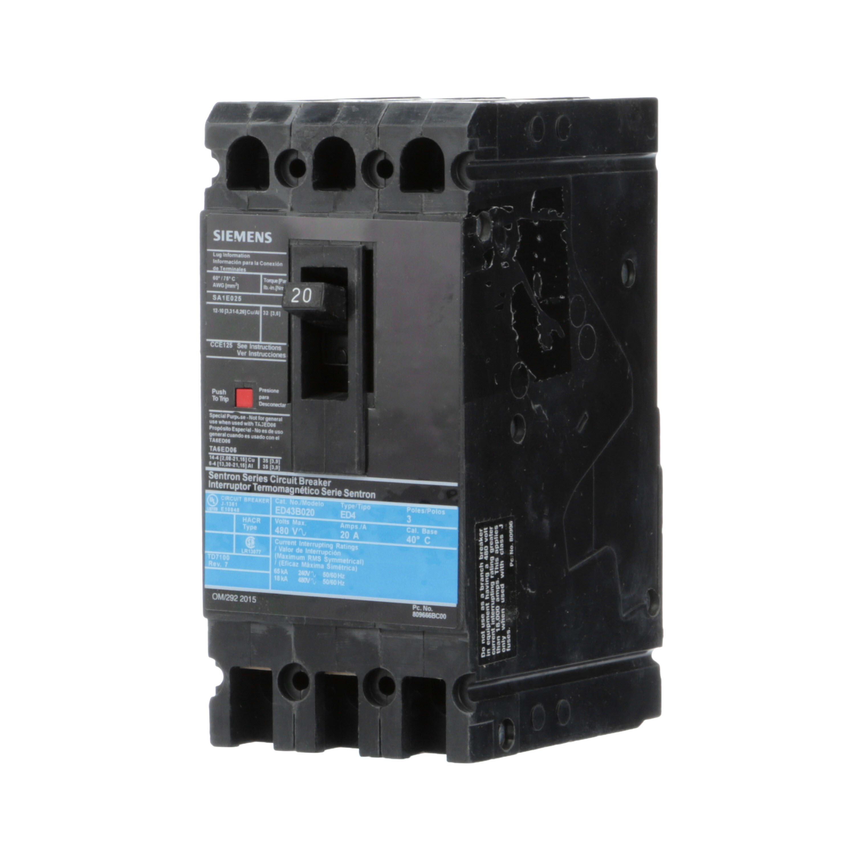 Siemens - Siemens ED43B020L 3-Pole 20 Amp 480 VAC 18 kA Circuit Breaker Lugs