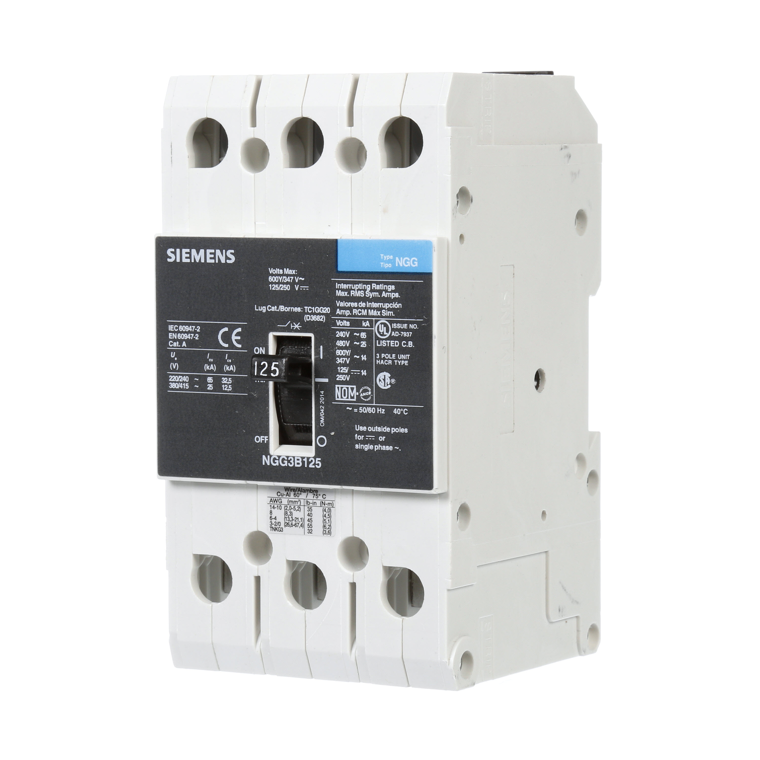 Siemens - Siemens NGG3B125L 3-Pole 125 Amp 480 Volt 25 kA Molded Case Circuit Breaker