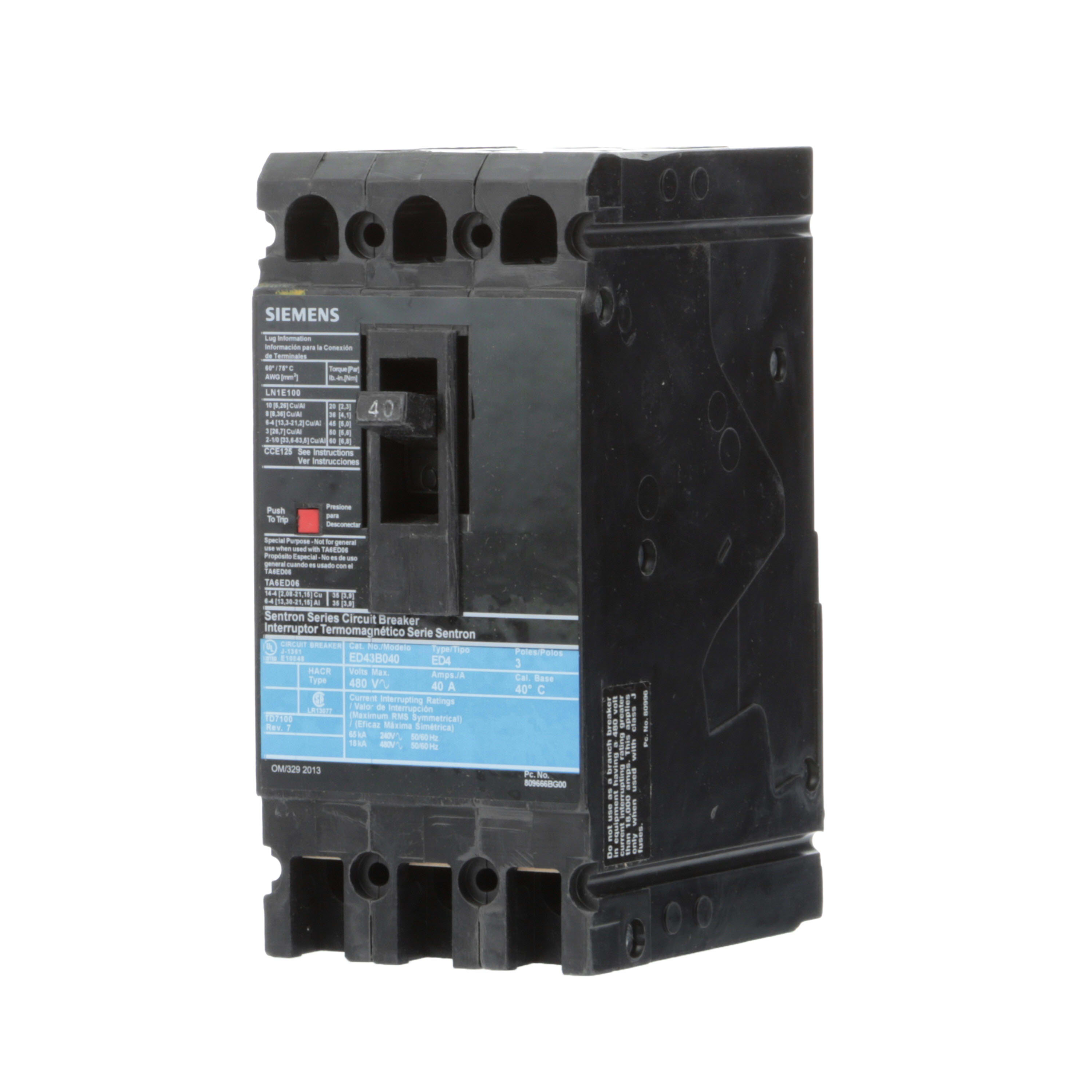 Siemens - Siemens ED43B040L 3-Pole 40 Amp 480 VAC 18 kA Circuit Breaker Lugs